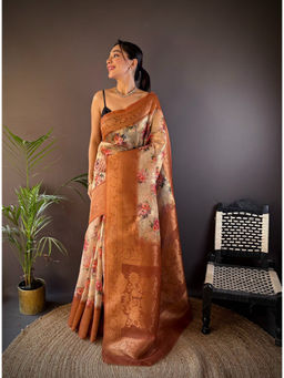 Elora - Cream Soft Silk Floral Motifs Zari Weaving Work Banarasi Saree with Unstitched Blouse