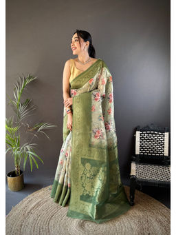 Elora - Off White Floral Motifs Zari Weaving Work Banarasi Saree with Unstitched Blouse