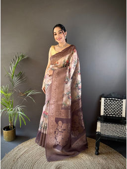 Elora - Beige Floral Motifs Zari Weaving Work Banarasi Saree with Unstitched Blouse