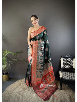 Elora - Dark Green Meenakari Peacock Zari Weaving Work Pathani Saree with Unstitched Blouse