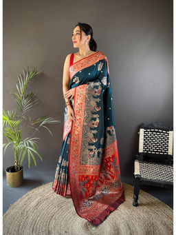 Elora - Dark Teal Meenakari Peacock Zari Weaving Work Pathani Saree with Unstitched Blouse