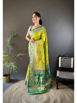 Elora - Light Green Meenakari Peacock Zari Weaving Work Pathani Saree with Unstitched Blouse