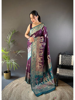 Elora - Purple Meenakari Peacock Zari Weaving Work Pathani Saree with Unstitched Blouse
