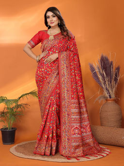 Elora - Red Meenakari Weaving Work Pashmina Saree with Unstitched Blouse