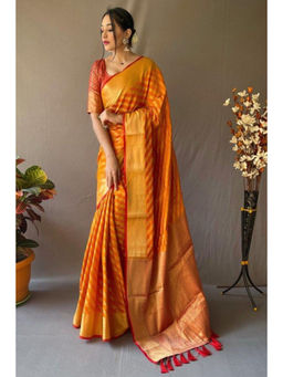 SGF11 - Yellow Women Kanjivaram Lerya Patola Pure Soft Silk Saree with Unstitched Blouse