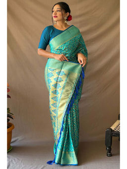 SGF11 - Blue Women Kanjivaram Patola Pure Soft Silk Saree with Unstitched Blouse