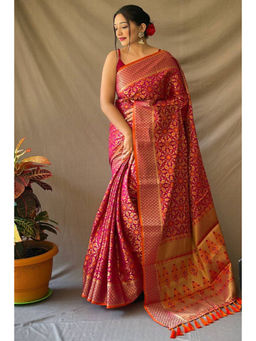 SGF11 - Pink Women Kanjivaram Patola Pure Soft Silk Saree with Unstitched Blouse