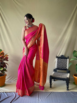 SGF11 - Pink Women Kanjivaram Patola Pure Soft Silk Saree with Unstitched Blouse