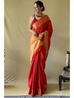 SGF11 - Red Women Kanjivaram Patola Pure Soft Silk Saree with Unstitched Blouse