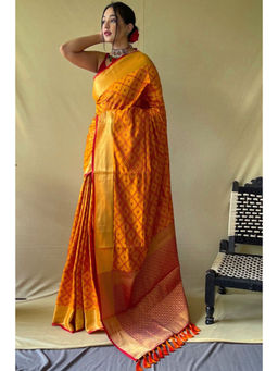 SGF11 - Yellow Women Kanjivaram Patola Pure Soft Silk Saree with Unstitched Blouse