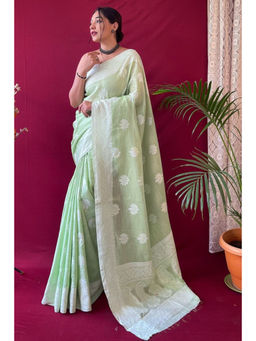SGF11 - Green Women Kanjivaram Soft Cotton Linen Soft Silk Saree with Unstitched Blouse