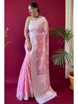 SGF11 - Pink Women Kanjivaram Soft Cotton Linen Soft Silk Saree with Unstitched Blouse