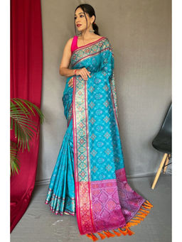 SGF11 - Light Blue Women Kanjivaram Patola Pure Soft Silk Saree with Unstitched Blouse