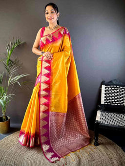 SGF11 - Yellow Women Kanjivaram Pure Soft Silk Saree with Unstitched Blouse