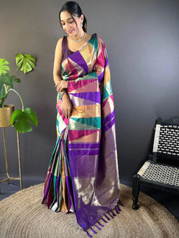 SGF11 - Multi Colour Women Kanjivaram Pure Soft Silk Saree with Unstitched Blouse
