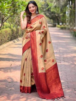 SGF11 - Cream Women Kanjivaram Pure Soft Silk Saree with Unstitched Blouse