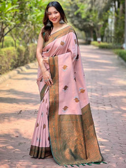 SGF11 - Light Pink Women Kanjivaram Pure Soft Silk Saree with Unstitched Blouse