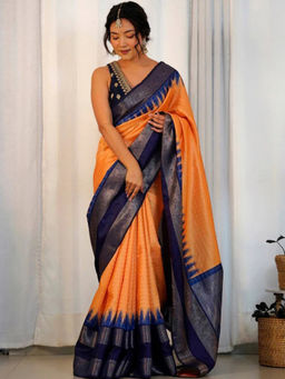 SGF11 - Orange Women Kanjivaram Pure Soft Silk Saree with Unstitched Blouse