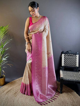 SGF11 - Cream Women Kanjivaram Pure Soft Silk Saree with Unstitched Blouse