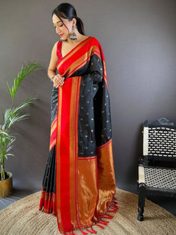SGF11 - Black Women Kanjivaram Pure Soft Silk Saree with Unstitched Blouse