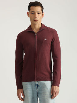 GANT - Men Wine Solid Collared Full Sleeves Cardigan