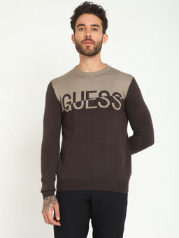 Guess - Men Brown Round Neck Full Sleeves Sweater