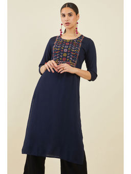 Soch - Women Navy Blue Rayon Kurta With Floral Embroidered Yoke And Embellishments