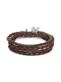 OOMPH - Tan Brown Braided Leather Layer Wrap Fashion Bracelet With Silver Leaf Beads