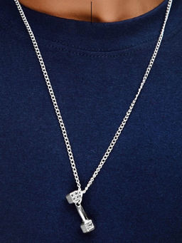 OOMPH - Go Fit Dumbbell Silver Stainless Steel Gym Pendant Necklace Chain For Men & Boys