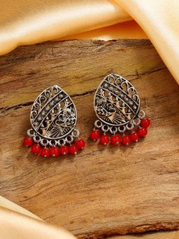 Estele - Rhodium Plated Oxidised Elegant Earrings with Red Beads for Women