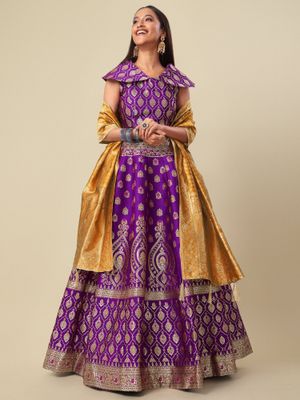 PURVAJA Lehenga Choli Semi-cucita In Jacquard – Set Con Dupatta, Vita Regolabile Fino A 42'' – Abito Tradizionale Indiano