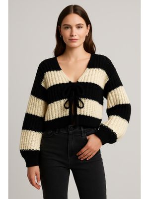 Buy Cider Knit V-neck Striped Tie Front Cardigan (XS) Online