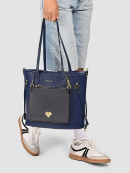 Lililo - Navy Blue Two Faced Tote Bag with Pouch and Detachable Strap