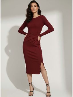 Outzidr - Red Twisted Knot Waist Detail Bodycon Dress