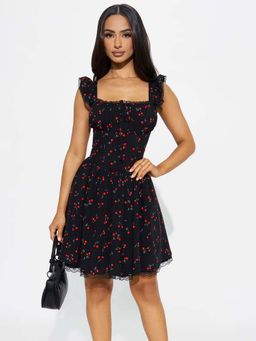 Outzidr - Black Ruffle Sleeve Printed Mini Dress