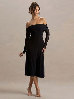Outzidr - Black Off-Shoulder Fit and Flare Solid Dress