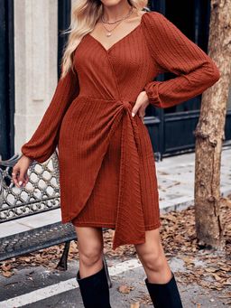 Outzidr - Rust Wrap Full Sleeved Tie Up Dress