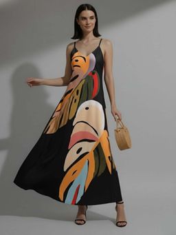 Outzidr - Black Bold Printed Vacation Dress