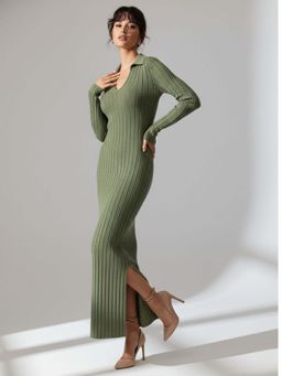 Outzidr - Olive Collared Wide Spaced Rib Dress