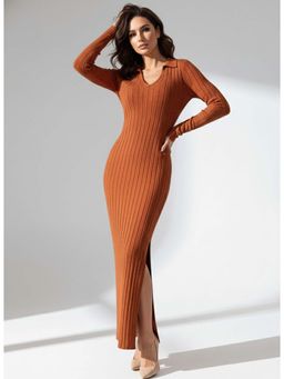 Outzidr - Rust Collared Wide Spaced Rib Dress