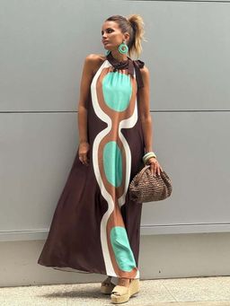 Outzidr - Brown Halter Neck Printed Dress