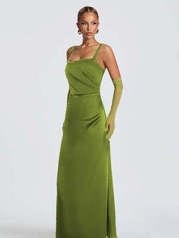 Outzidr - Green Shoulder Straps Pleated Maxi Dress