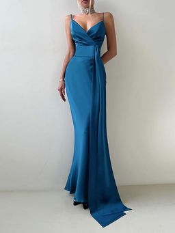 Outzidr - Blue Strappy Bow Detail Maxi Dress