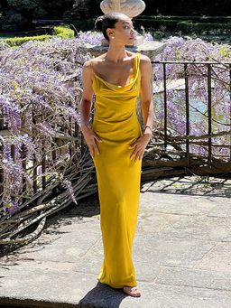 Outzidr - Yellow Gathered Cowl Neck Maxi Dress