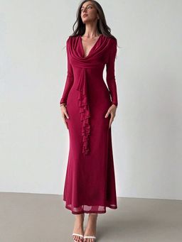 Outzidr - Maroon Full Sleeve Front Ruffle V Neck Dress