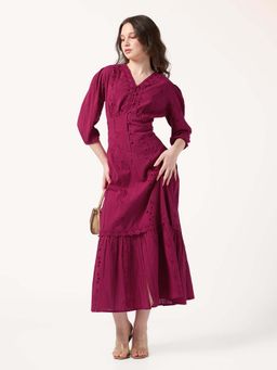 Outzidr - Fuchsia Pink V Neck Schiffli Dress