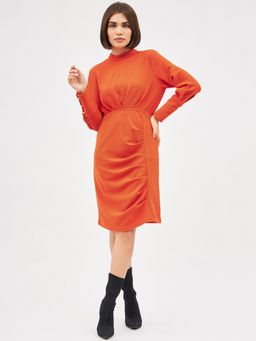 Kibo - Womens Orange High Neck Long Sleeve Bodycon Dress