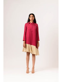 NEORA BY NEHAL CHOPRA - Wine Ecru Asymmetrical Knee Length Dress