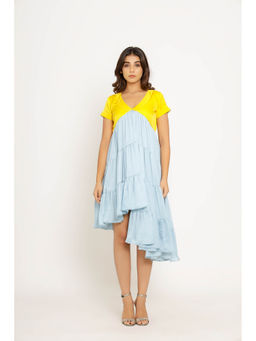 NEORA BY NEHAL CHOPRA - Yellow & Ice Blue Asymmetrical Midi Dress
