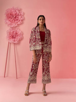Clothes on my mind - Red Embroidery Pants & Cape Co-Ord (Set of 2)